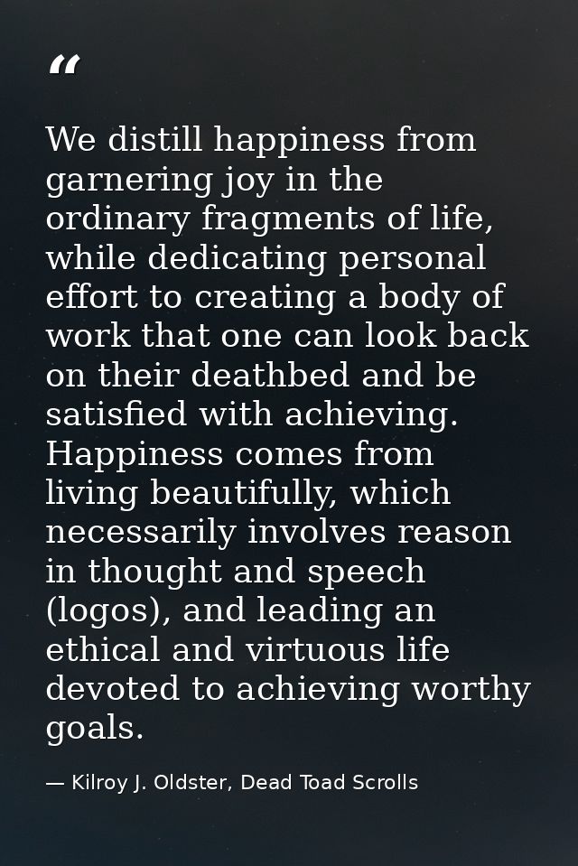 We distill happiness from garnering joy in the ordinary fragments of life, while dedicating personal effort to creating  — Kilroy J. Oldster, Dead Toad Scrolls