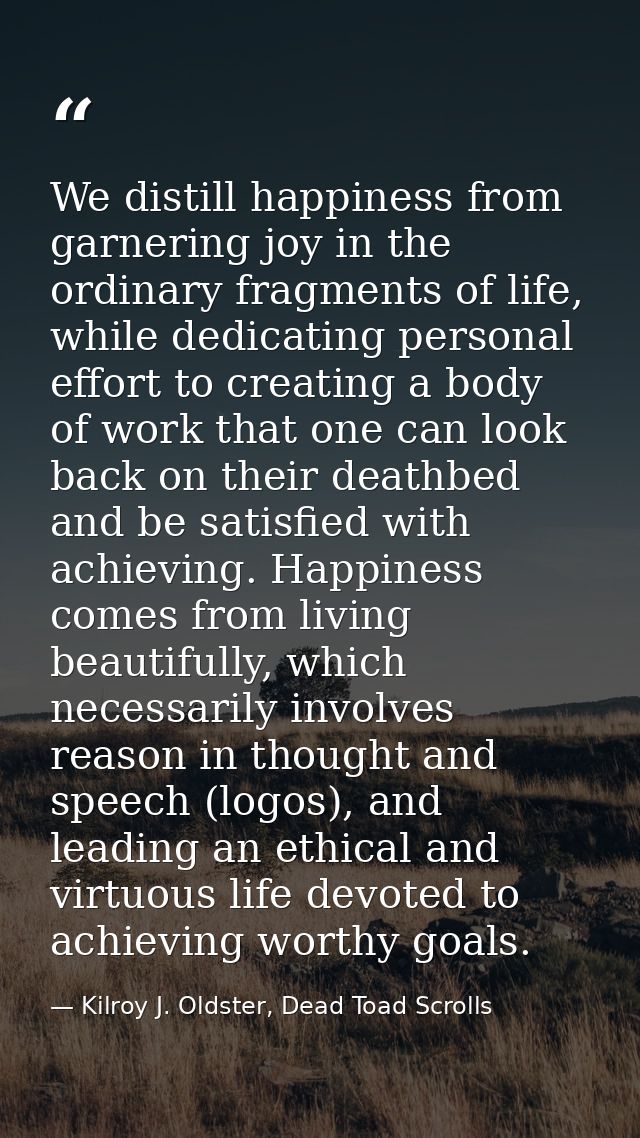 We distill happiness from garnering joy in the ordinary fragments of life, while dedicating personal effort to creating  — Kilroy J. Oldster, Dead Toad Scrolls