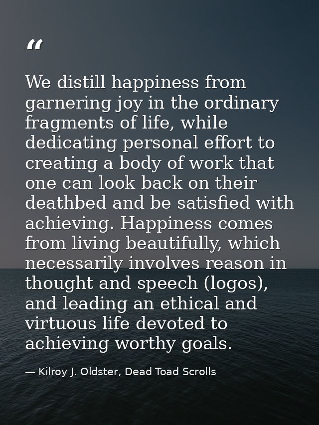 We distill happiness from garnering joy in the ordinary fragments of life, while dedicating personal effort to creating  — Kilroy J. Oldster, Dead Toad Scrolls
