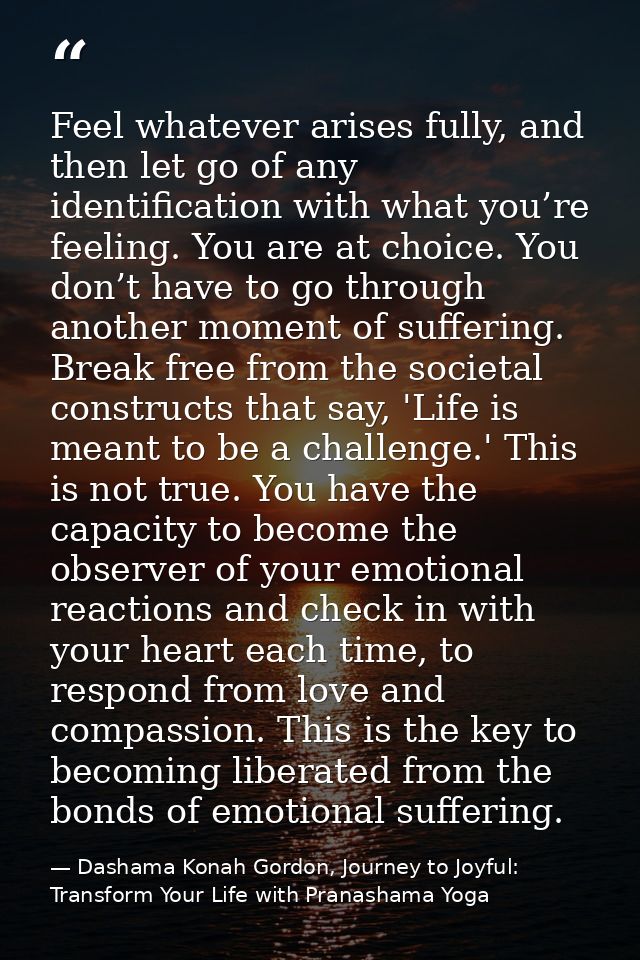 Feel whatever arises fully, and then let go of any identification with what you’re feeling. You are at choice. You don’t — Dashama Konah Gordon, Journey to Joyful: Transform Your Life with Pranashama Yoga