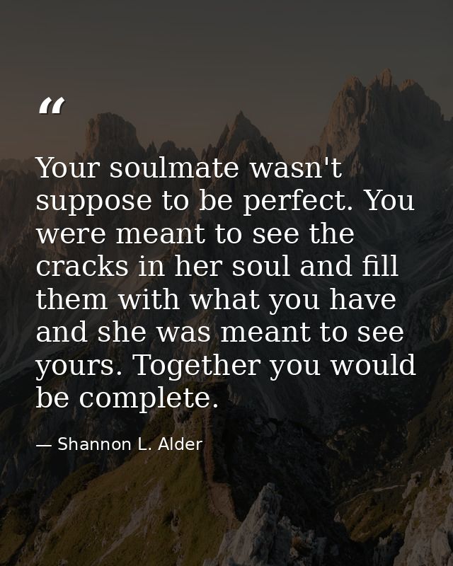 Your soulmate wasn't suppose to be perfect. You were meant to see the cracks in her soul and fill them with what you hav — Shannon L. Alder