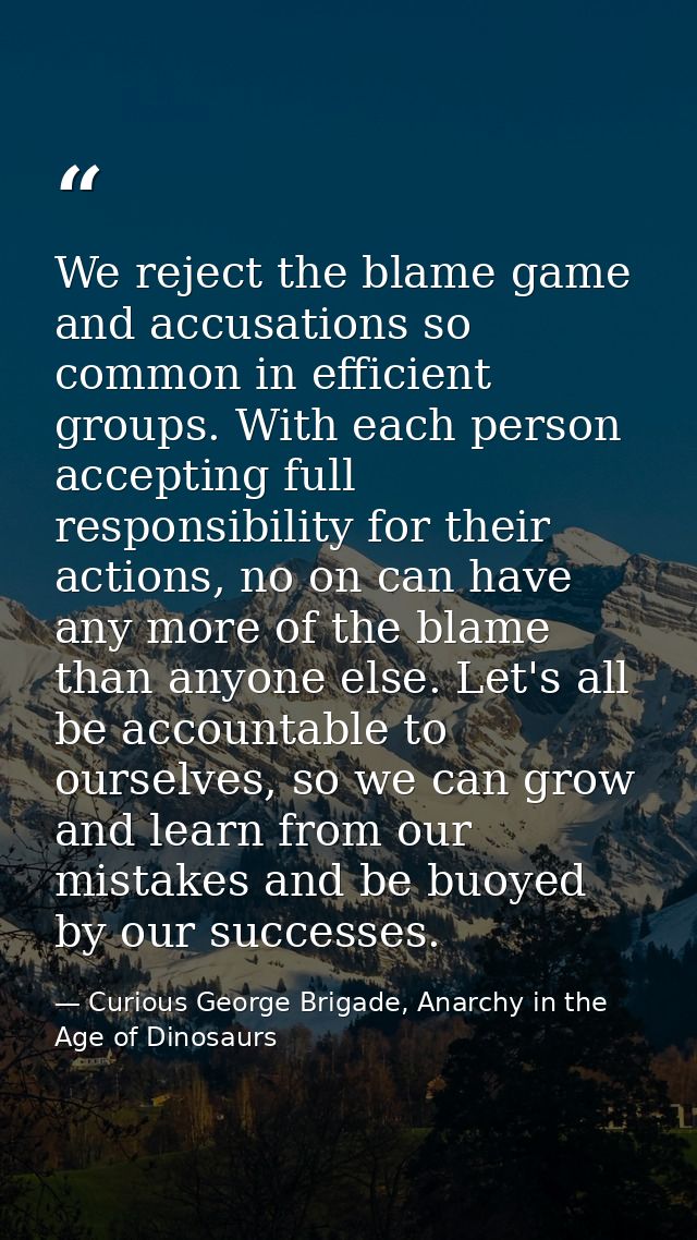 We reject the blame game and accusations so common in efficient groups. With each person accepting full responsibility f — Curious George Brigade, Anarchy in the Age of Dinosaurs