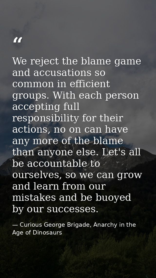 We reject the blame game and accusations so common in efficient groups. With each person accepting full responsibility f — Curious George Brigade, Anarchy in the Age of Dinosaurs