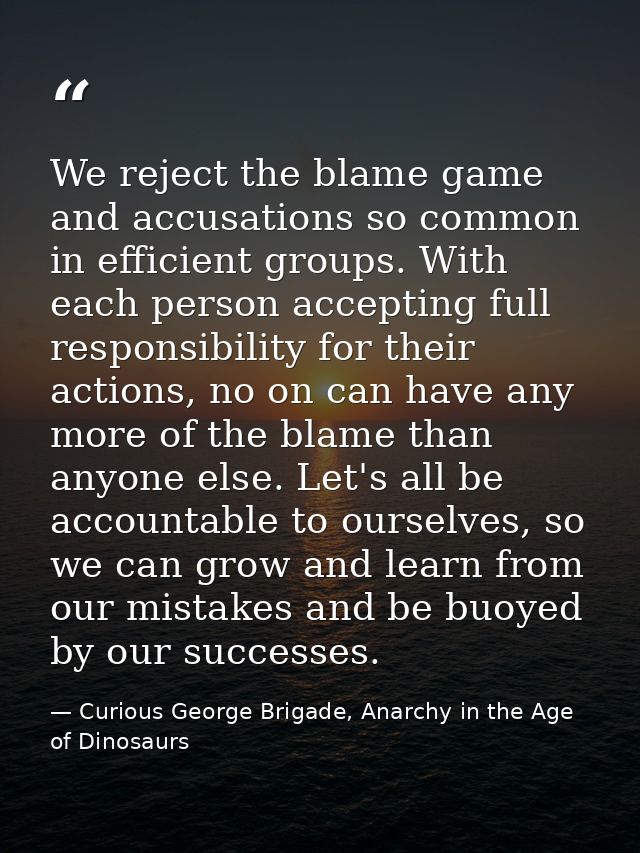 We reject the blame game and accusations so common in efficient groups. With each person accepting full responsibility f — Curious George Brigade, Anarchy in the Age of Dinosaurs