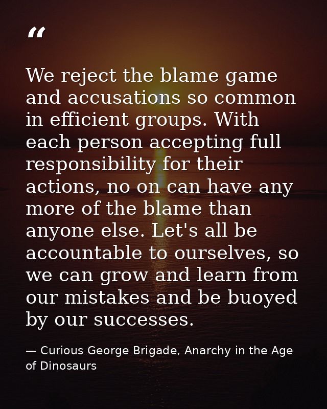 We reject the blame game and accusations so common in efficient groups. With each person accepting full responsibility f — Curious George Brigade, Anarchy in the Age of Dinosaurs