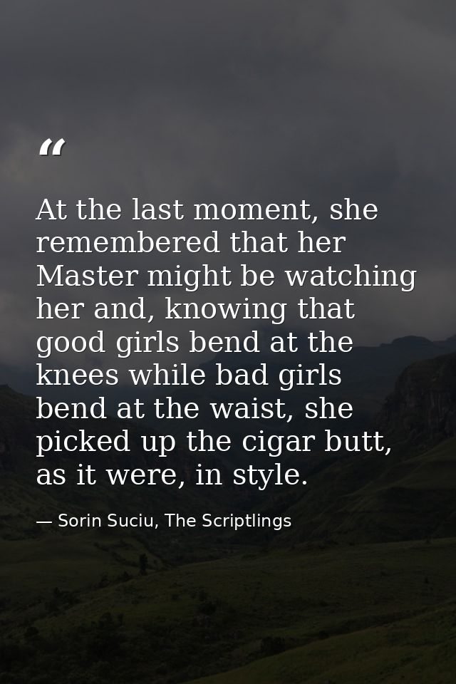 At the last moment, she remembered that her Master might be watching her and, knowing that good girls bend at the knees  — Sorin Suciu, The Scriptlings