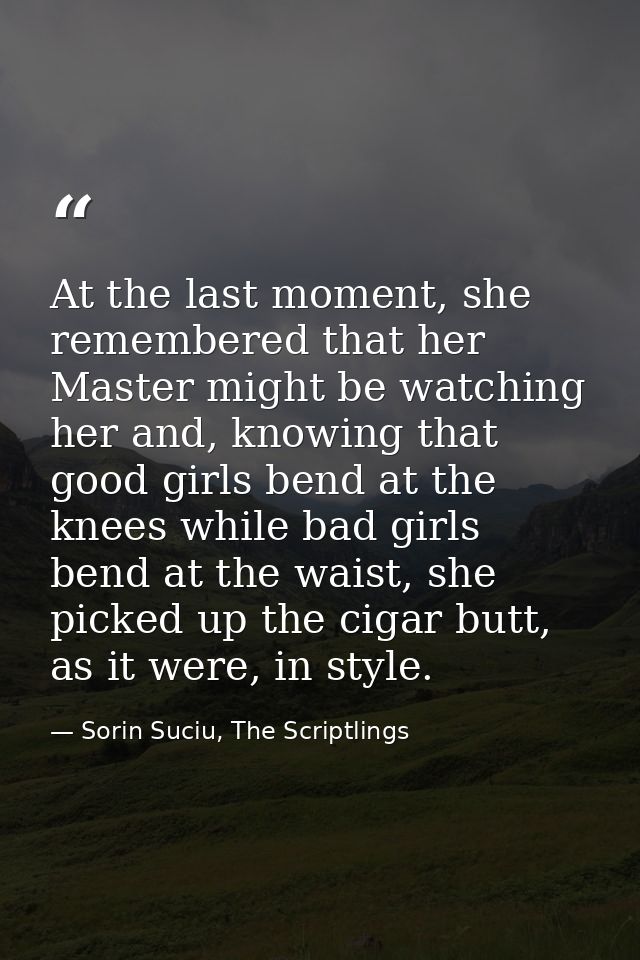 At the last moment, she remembered that her Master might be watching her and, knowing that good girls bend at the knees  — Sorin Suciu, The Scriptlings