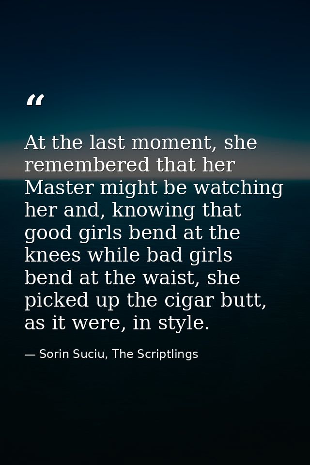 At the last moment, she remembered that her Master might be watching her and, knowing that good girls bend at the knees  — Sorin Suciu, The Scriptlings