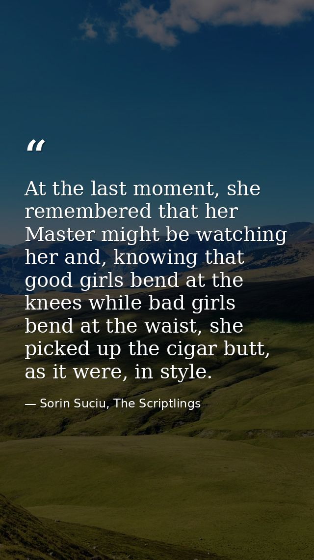 At the last moment, she remembered that her Master might be watching her and, knowing that good girls bend at the knees  — Sorin Suciu, The Scriptlings