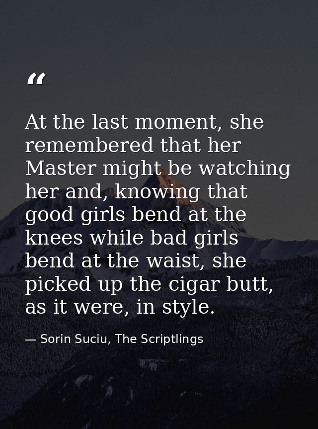 At the last moment, she remembered that her Master might be watching her and, knowing that good girls bend at the knees  — Sorin Suciu, The Scriptlings