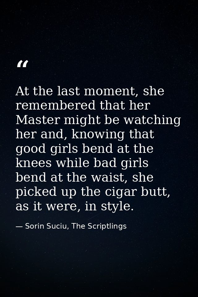 At the last moment, she remembered that her Master might be watching her and, knowing that good girls bend at the knees  — Sorin Suciu, The Scriptlings