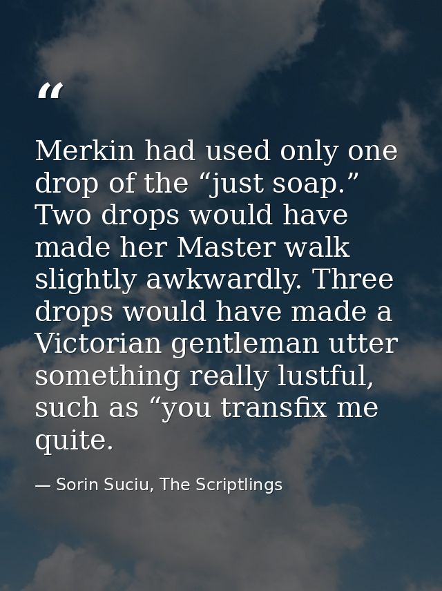 Merkin had used only one drop of the “just soap.” Two drops would have made her Master walk slightly awkwardly. Three dr — Sorin Suciu, The Scriptlings