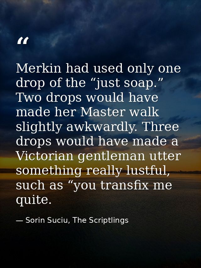 Merkin had used only one drop of the “just soap.” Two drops would have made her Master walk slightly awkwardly. Three dr — Sorin Suciu, The Scriptlings