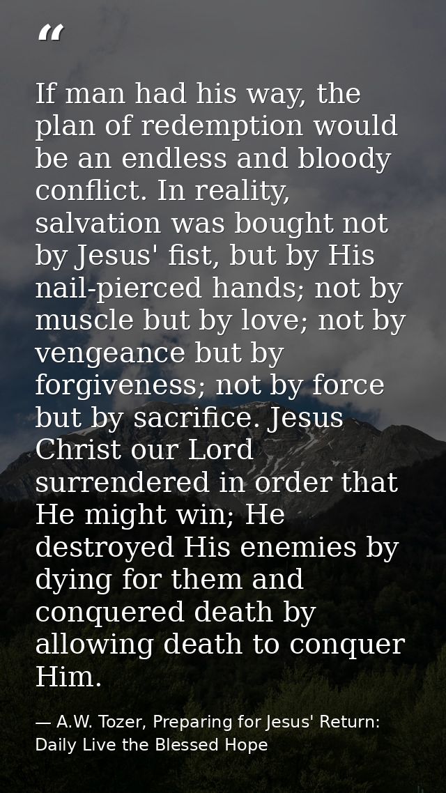 If man had his way, the plan of redemption would be an endless and bloody conflict. In reality, salvation was bought not — A.W. Tozer, Preparing for Jesus' Return: Daily Live the Blessed Hope
