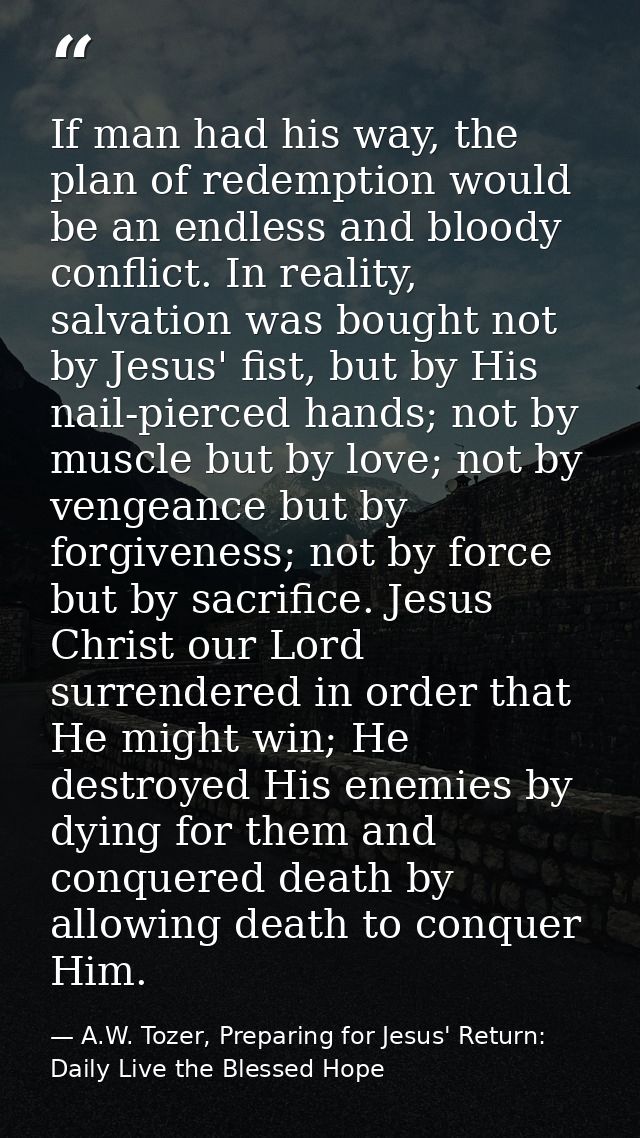 If man had his way, the plan of redemption would be an endless and bloody conflict. In reality, salvation was bought not — A.W. Tozer, Preparing for Jesus' Return: Daily Live the Blessed Hope