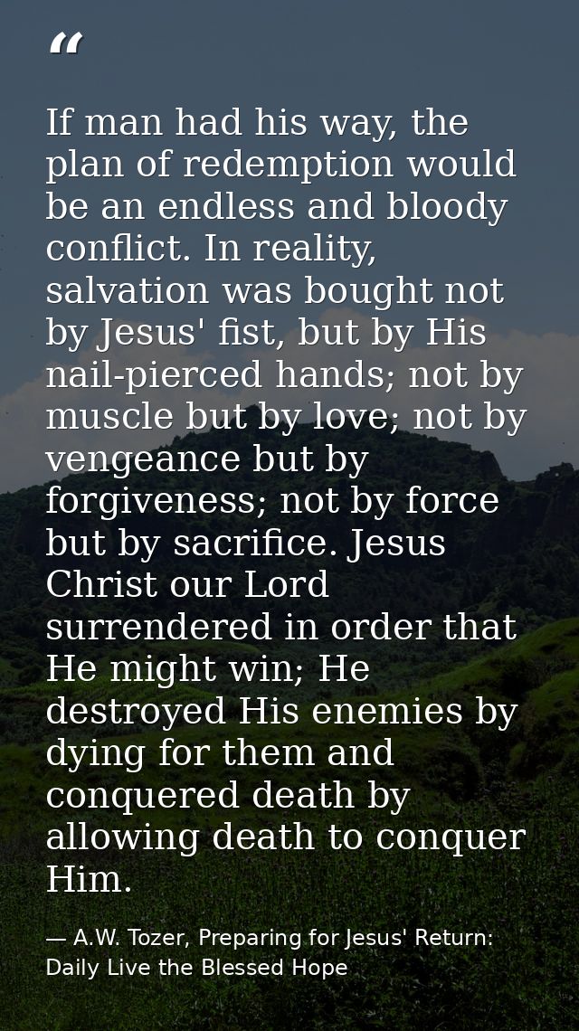 If man had his way, the plan of redemption would be an endless and bloody conflict. In reality, salvation was bought not — A.W. Tozer, Preparing for Jesus' Return: Daily Live the Blessed Hope
