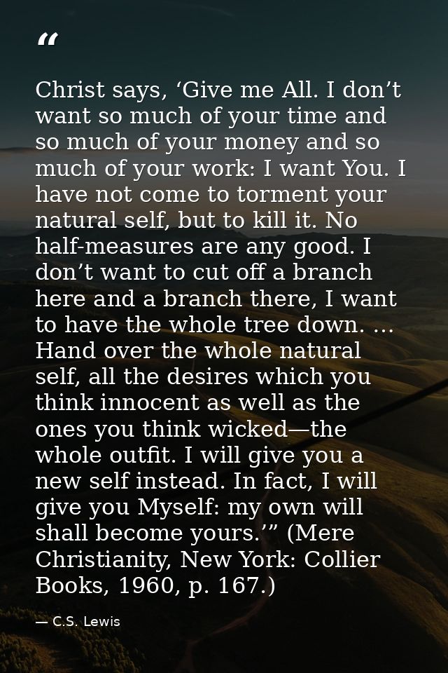 Christ says, ‘Give me All. I don’t want so much of your time and so much of your money and so much of your work: I want  — C.S. Lewis