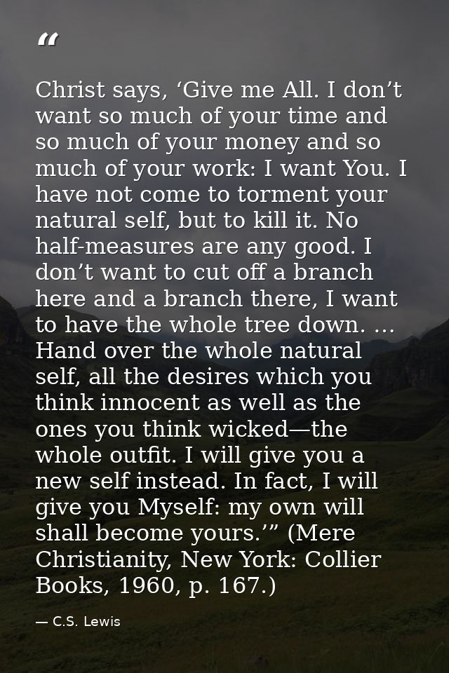 Christ says, ‘Give me All. I don’t want so much of your time and so much of your money and so much of your work: I want  — C.S. Lewis