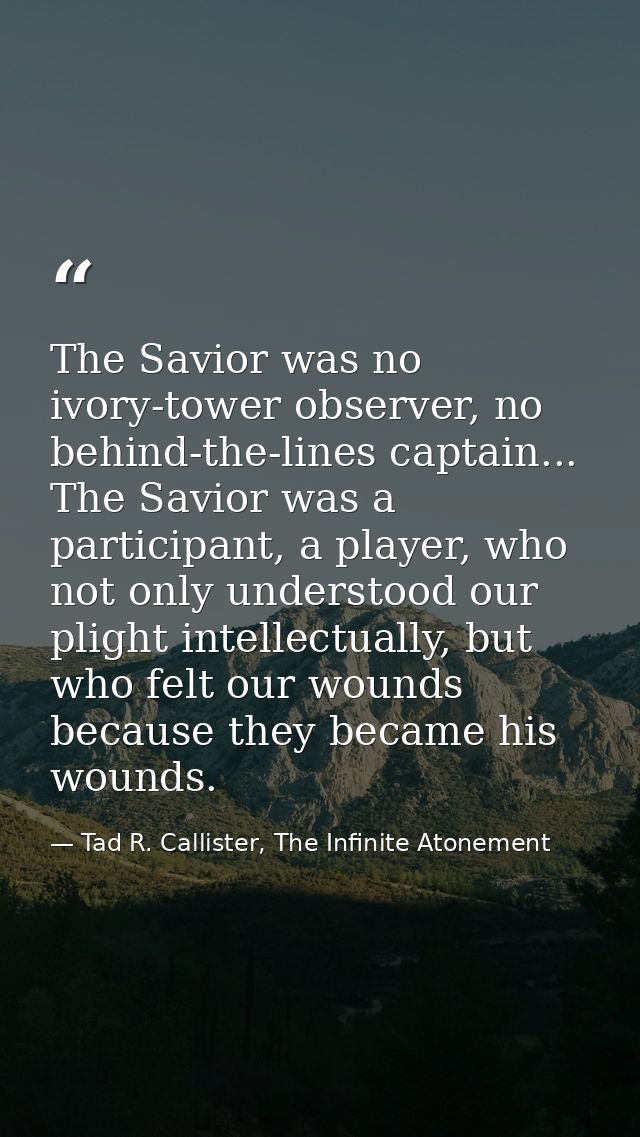 The Savior was no ivory-tower observer, no behind-the-lines captain... The Savior was a participant, a player, who not o — Tad R. Callister, The Infinite Atonement