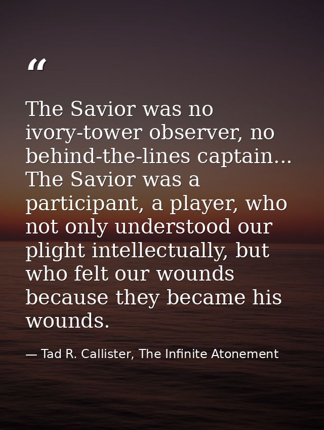 The Savior was no ivory-tower observer, no behind-the-lines captain... The Savior was a participant, a player, who not o — Tad R. Callister, The Infinite Atonement