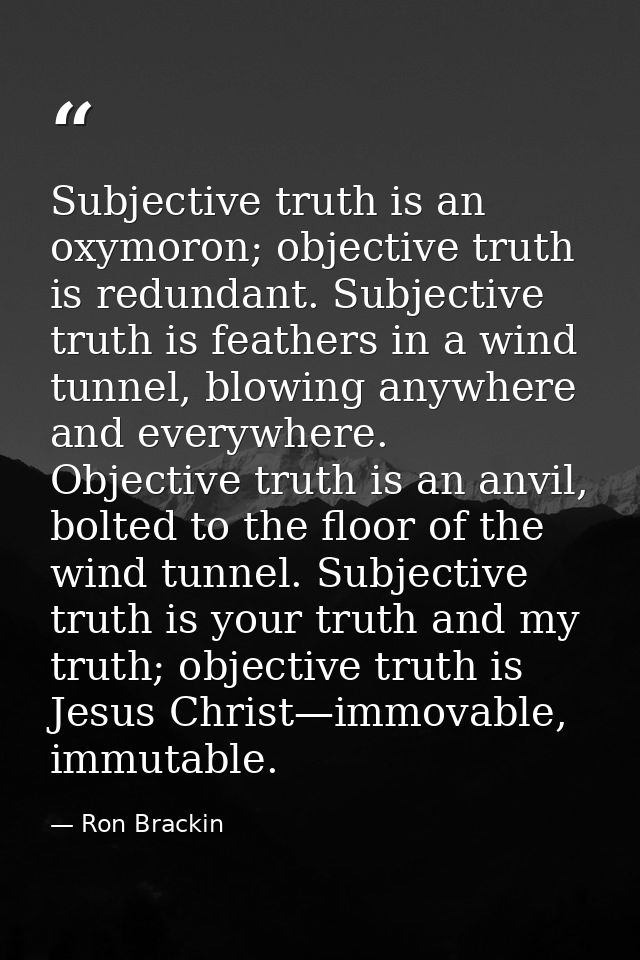 Subjective truth is an oxymoron; objective truth is redundant. Subjective truth is feathers in a wind tunnel, blowing an — Ron Brackin