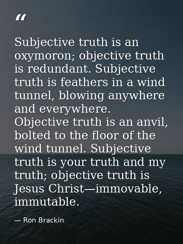 Subjective truth is an oxymoron; objective truth is redundant. Subjective truth is feathers in a wind tunnel, blowing an — Ron Brackin
