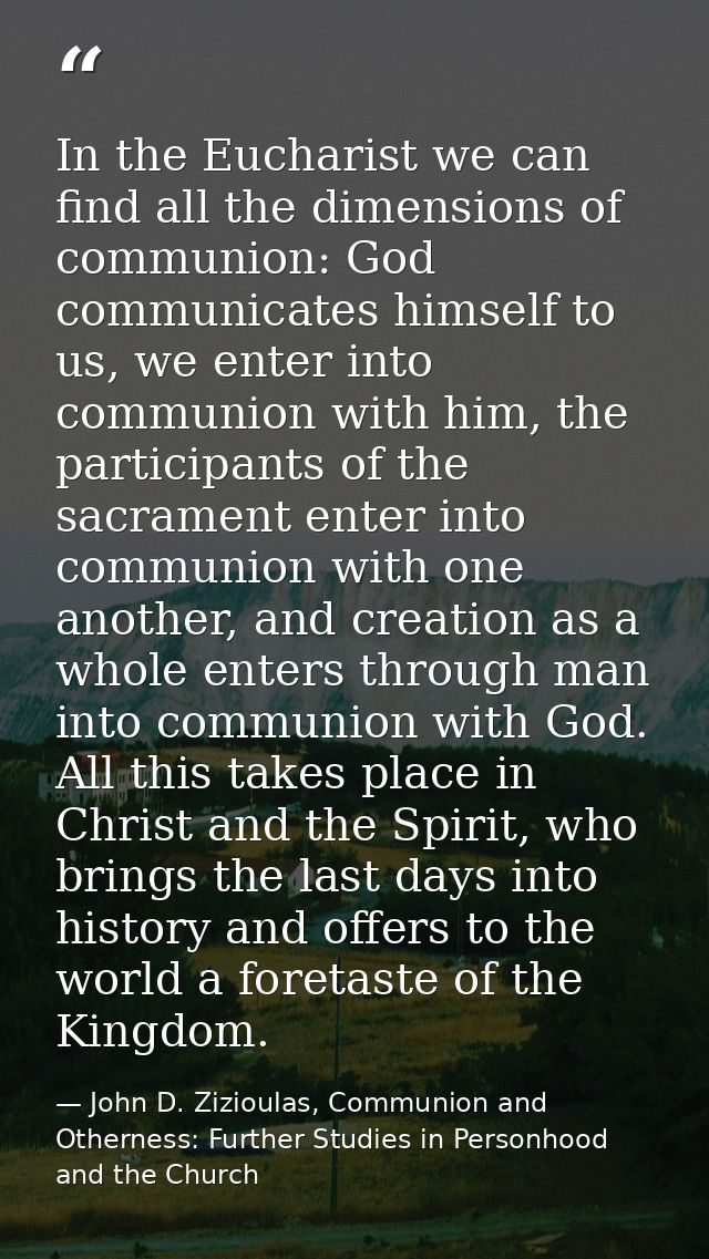 In the Eucharist we can find all the dimensions of communion: God communicates himself to us, we enter into communion wi — John D. Zizioulas, Communion and Otherness: Further Studies in Personhood and the Church
