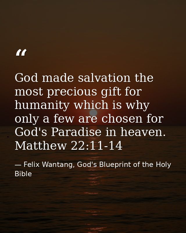 God made salvation the most precious gift for humanity which is why only a few are chosen for God's Paradise in heaven.  — Felix Wantang, God's Blueprint of the Holy Bible