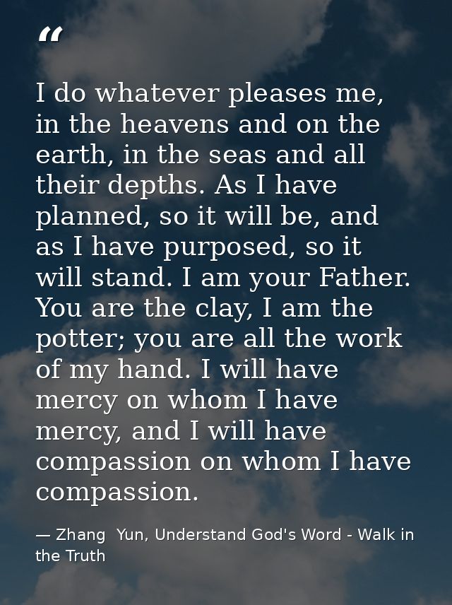 I do whatever pleases me, in the heavens and on the earth, in the seas and all their depths. As I have planned, so it wi — Zhang  Yun, Understand God's Word - Walk in the Truth