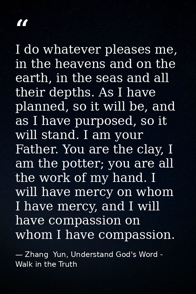 I do whatever pleases me, in the heavens and on the earth, in the seas and all their depths. As I have planned, so it wi — Zhang  Yun, Understand God's Word - Walk in the Truth