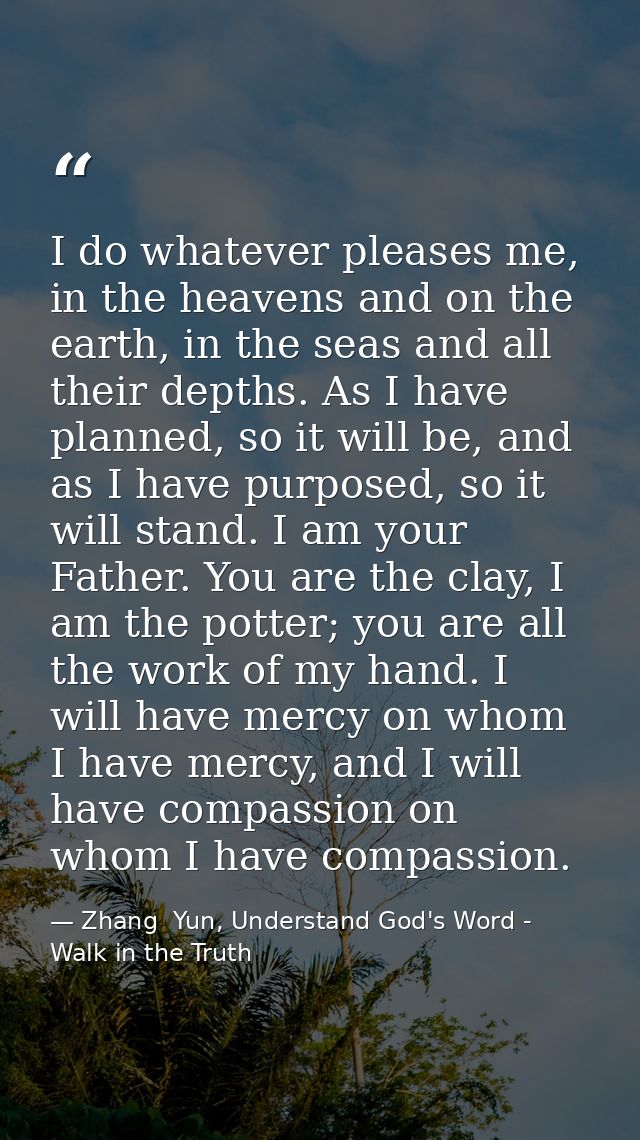 I do whatever pleases me, in the heavens and on the earth, in the seas and all their depths. As I have planned, so it wi — Zhang  Yun, Understand God's Word - Walk in the Truth