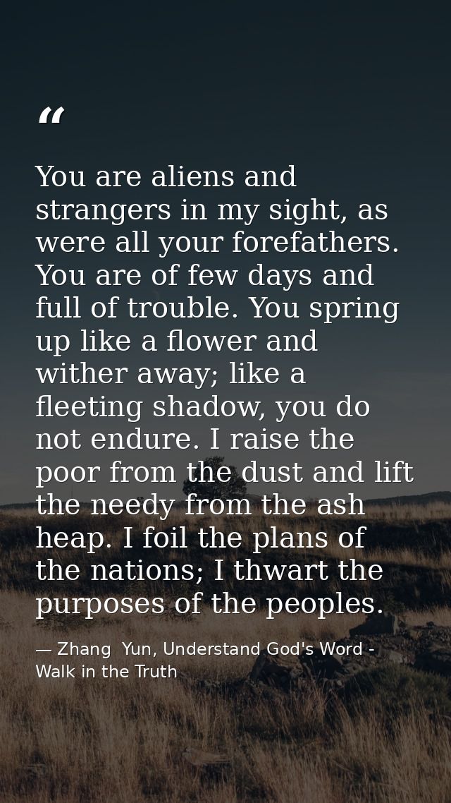 You are aliens and strangers in my sight, as were all your forefathers. You are of few days and full of trouble. You spr — Zhang  Yun, Understand God's Word - Walk in the Truth