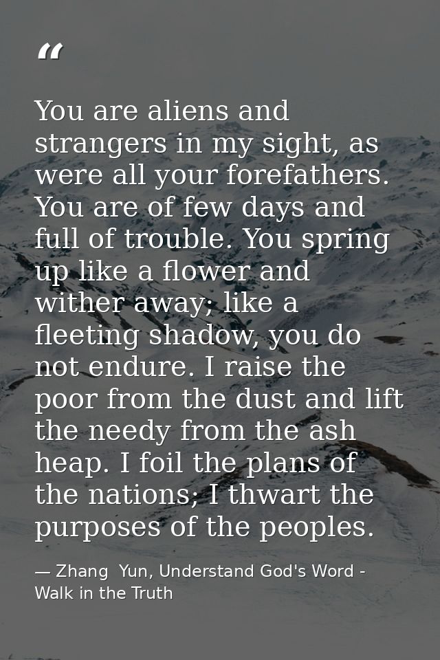 You are aliens and strangers in my sight, as were all your forefathers. You are of few days and full of trouble. You spr — Zhang  Yun, Understand God's Word - Walk in the Truth