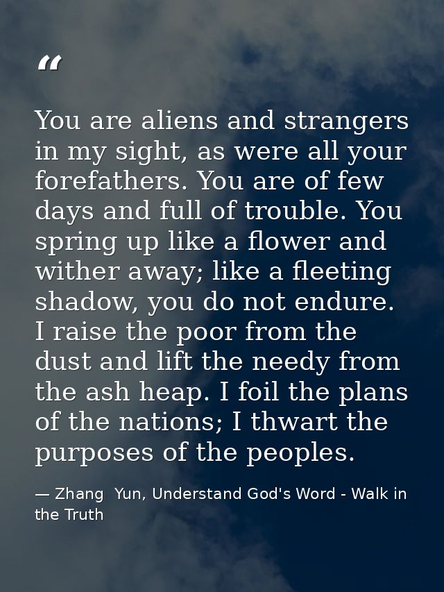 You are aliens and strangers in my sight, as were all your forefathers. You are of few days and full of trouble. You spr — Zhang  Yun, Understand God's Word - Walk in the Truth
