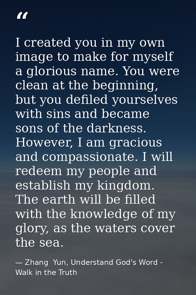 I created you in my own image to make for myself a glorious name. You were clean at the beginning, but you defiled yours — Zhang  Yun, Understand God's Word - Walk in the Truth