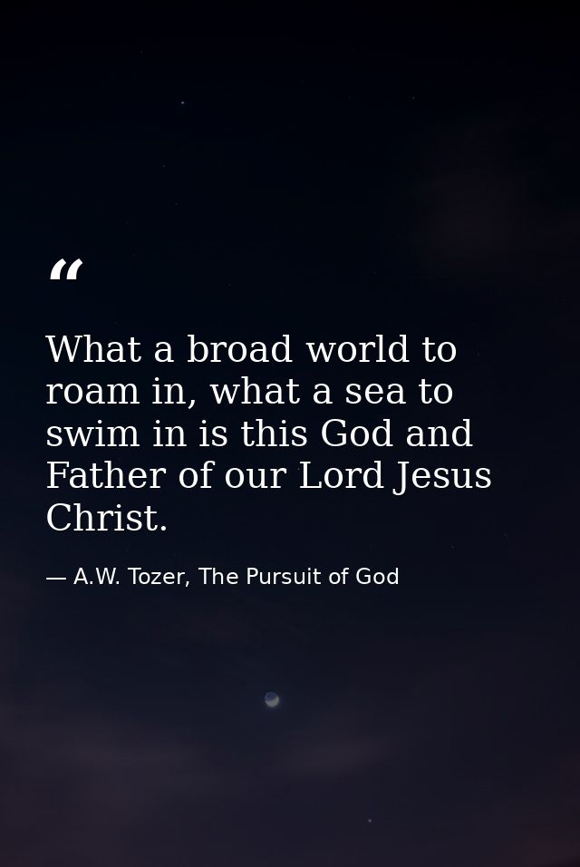 What a broad world to roam in, what a sea to swim in is this God and Father of our Lord Jesus Christ. — A.W. Tozer, The Pursuit of God