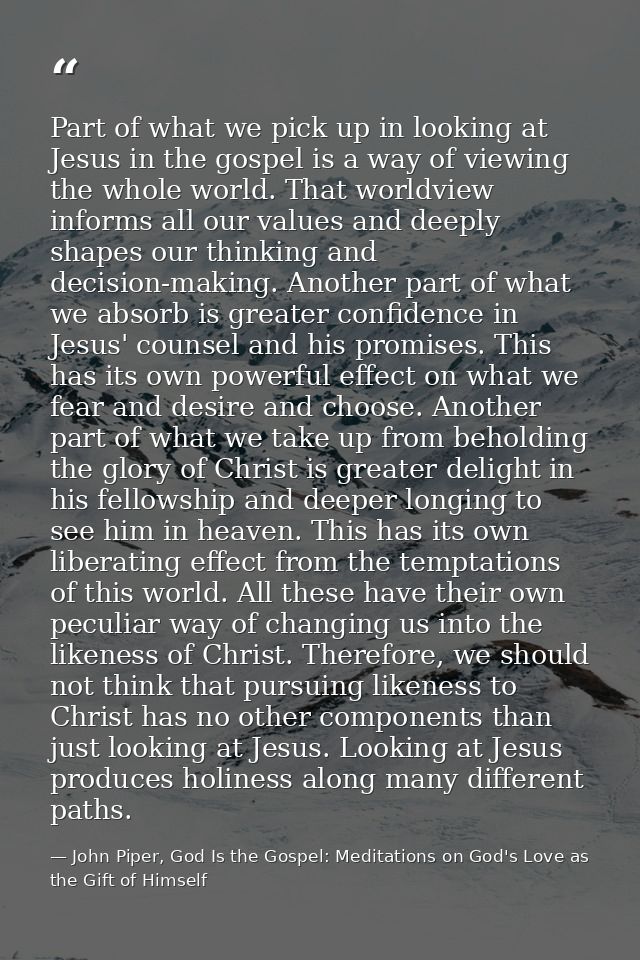 Part of what we pick up in looking at Jesus in the gospel is a way of viewing the whole world. That worldview informs al — John Piper, God Is the Gospel: Meditations on God's Love as the Gift of Himself