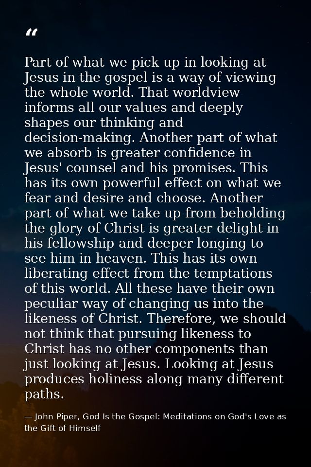 Part of what we pick up in looking at Jesus in the gospel is a way of viewing the whole world. That worldview informs al — John Piper, God Is the Gospel: Meditations on God's Love as the Gift of Himself