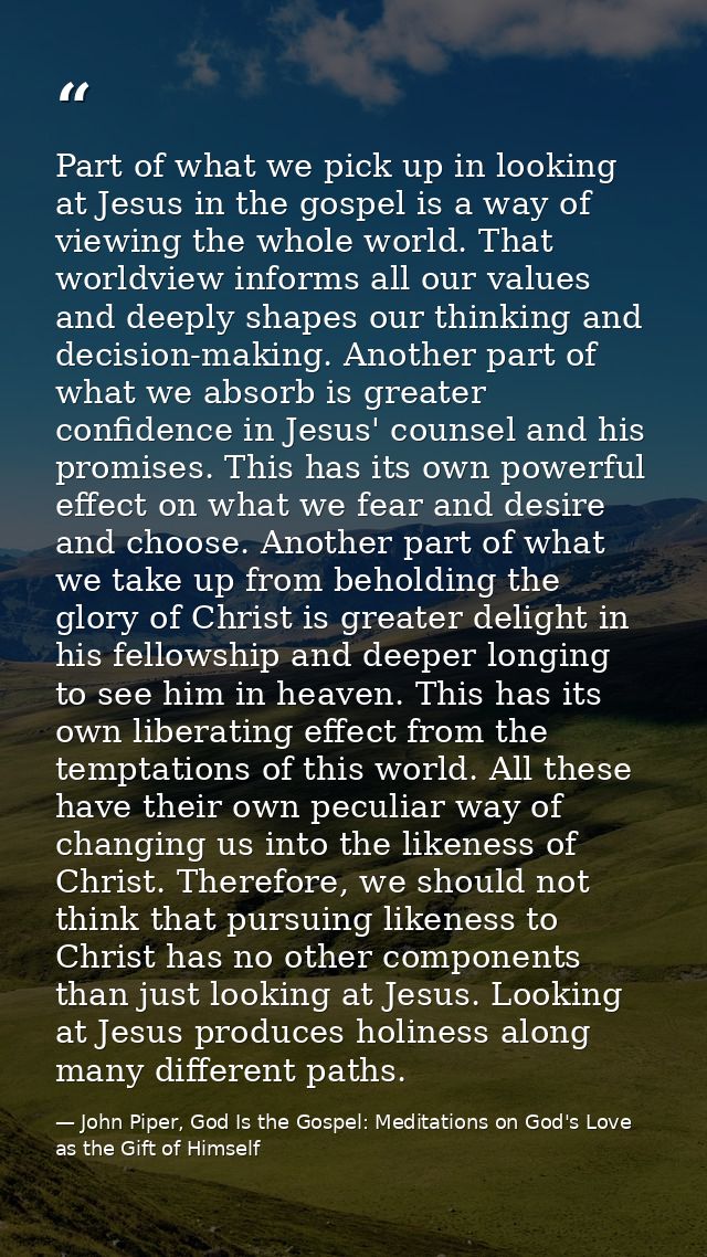 Part of what we pick up in looking at Jesus in the gospel is a way of viewing the whole world. That worldview informs al — John Piper, God Is the Gospel: Meditations on God's Love as the Gift of Himself