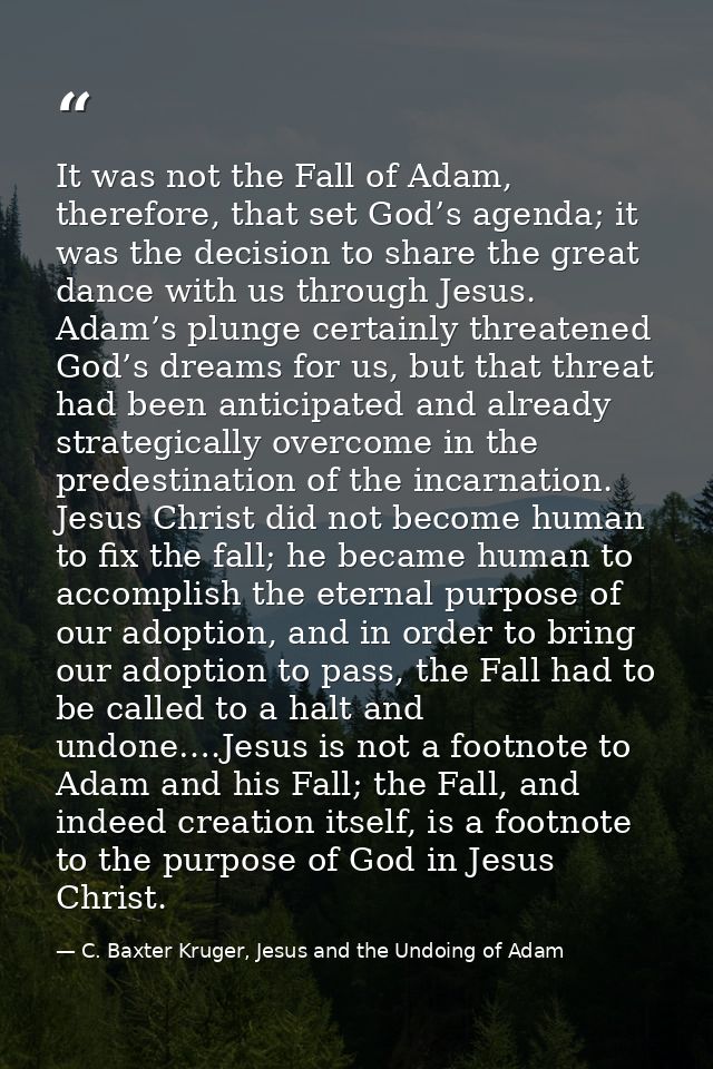 It was not the Fall of Adam, therefore, that set God’s agenda; it was the decision to share the great dance with us thro — C. Baxter Kruger, Jesus and the Undoing of Adam