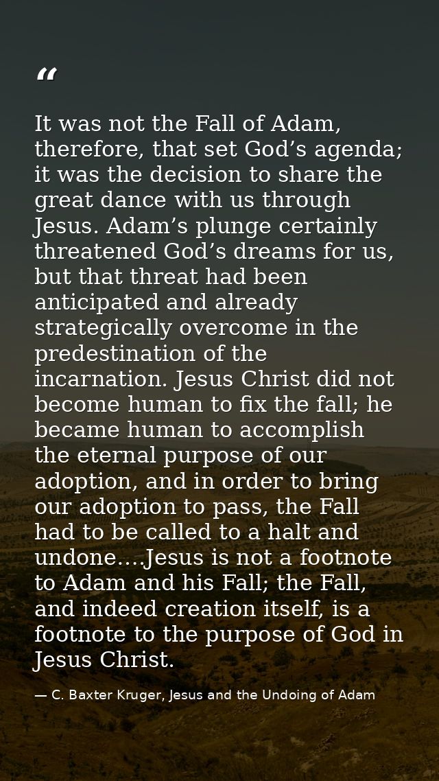 It was not the Fall of Adam, therefore, that set God’s agenda; it was the decision to share the great dance with us thro — C. Baxter Kruger, Jesus and the Undoing of Adam