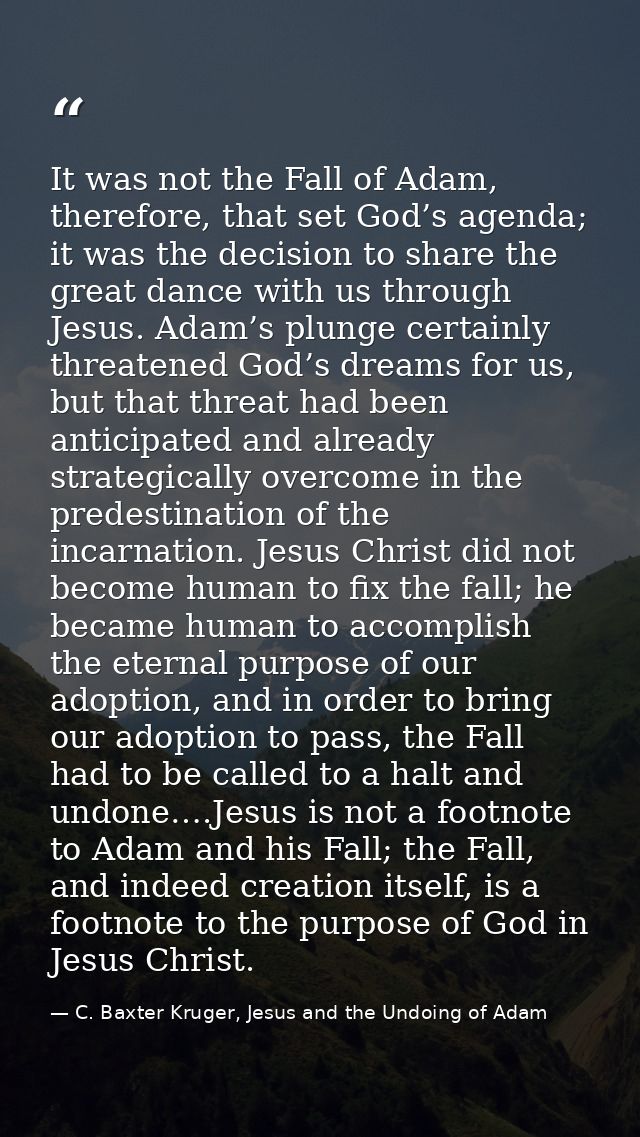 It was not the Fall of Adam, therefore, that set God’s agenda; it was the decision to share the great dance with us thro — C. Baxter Kruger, Jesus and the Undoing of Adam
