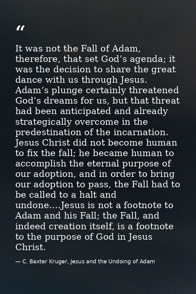 It was not the Fall of Adam, therefore, that set God’s agenda; it was the decision to share the great dance with us thro — C. Baxter Kruger, Jesus and the Undoing of Adam