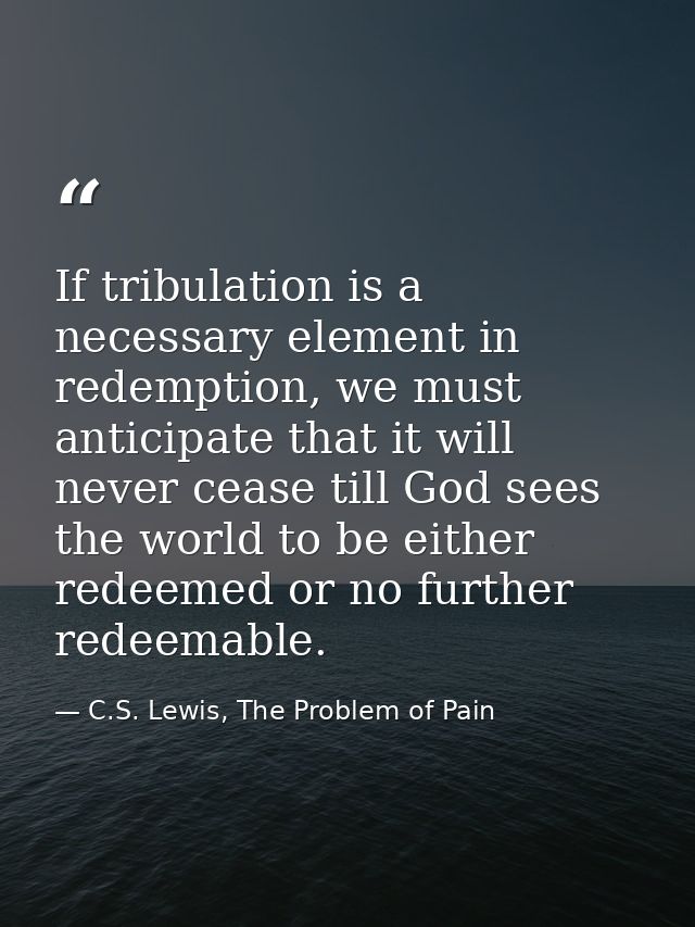 If tribulation is a necessary element in redemption, we must anticipate that it will never cease till God sees the world — C.S. Lewis, The Problem of Pain
