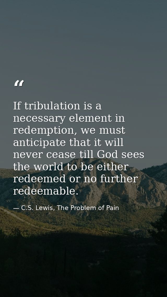 If tribulation is a necessary element in redemption, we must anticipate that it will never cease till God sees the world — C.S. Lewis, The Problem of Pain