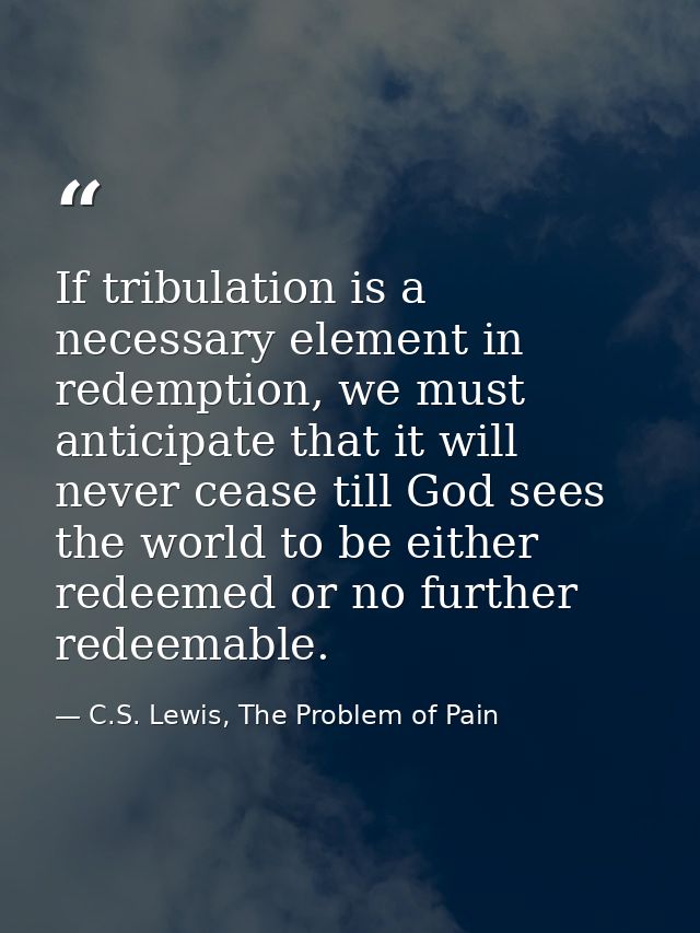 If tribulation is a necessary element in redemption, we must anticipate that it will never cease till God sees the world — C.S. Lewis, The Problem of Pain