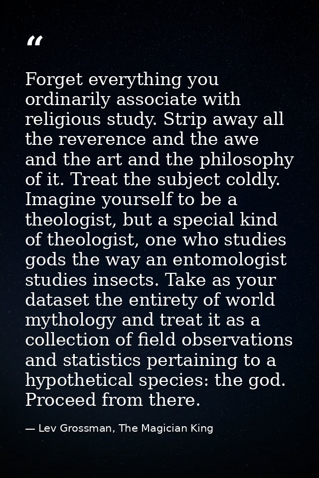 Forget everything you ordinarily associate with religious study. Strip away all the reverence and the awe and the art an — Lev Grossman, The Magician King
