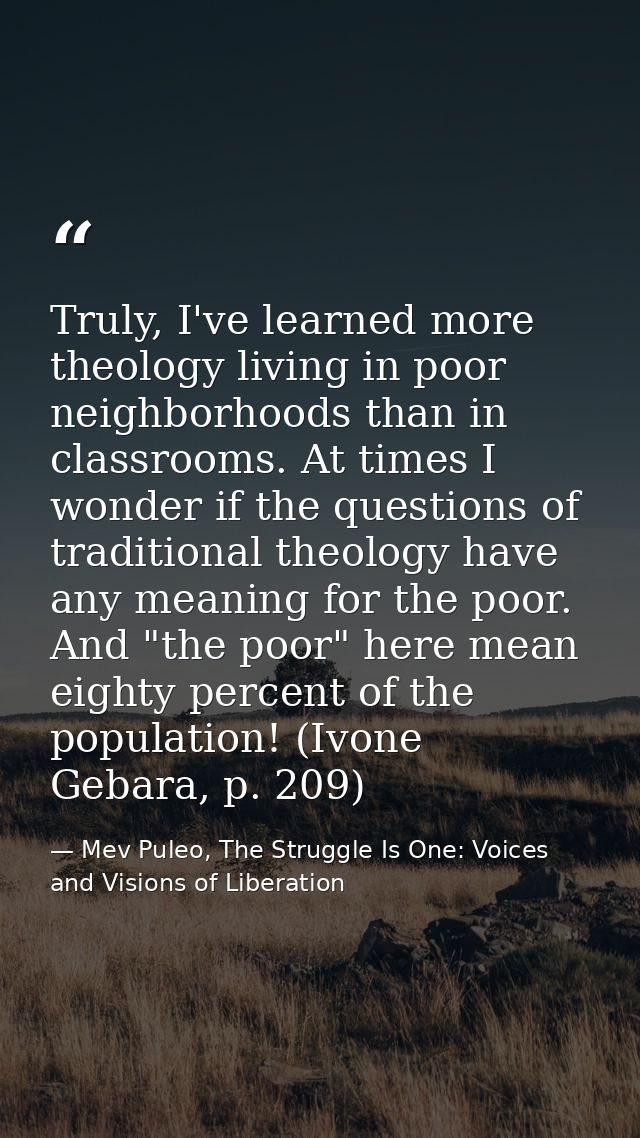 Truly, I've learned more theology living in poor neighborhoods than in classrooms. At times I wonder if the questions of — Mev Puleo, The Struggle Is One: Voices and Visions of Liberation
