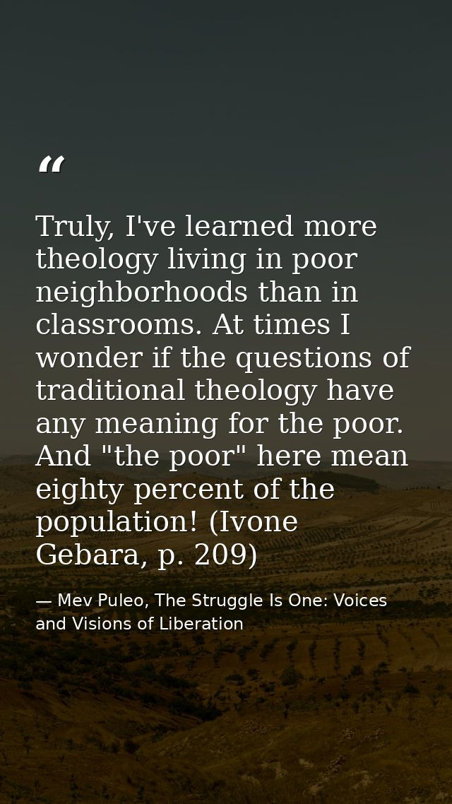 Truly, I've learned more theology living in poor neighborhoods than in classrooms. At times I wonder if the questions of — Mev Puleo, The Struggle Is One: Voices and Visions of Liberation