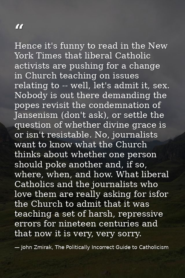 Hence it's funny to read in the New York Times that liberal Catholic activists are pushing for a change in Church teachi — John Zmirak, The Politically Incorrect Guide to Catholicism
